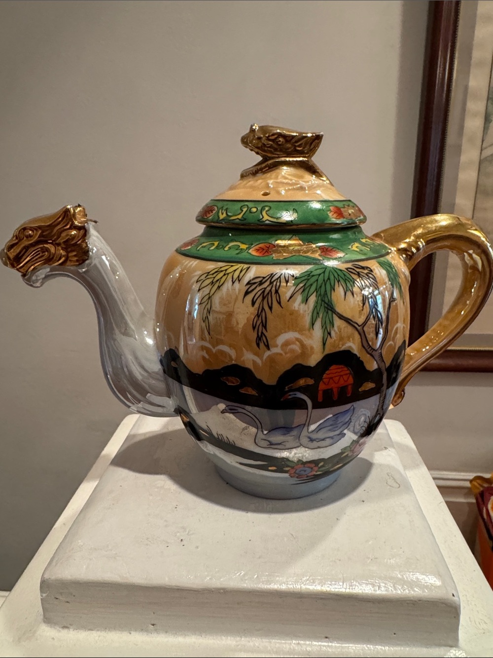 Vintage Gold & Green Dragon Ceramic Teapot - Hand-Painted - Japan